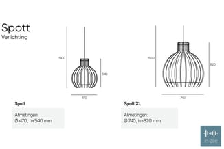 Spott en Spott XL hanglamp verlichting met bolvormige ribbelkap. Afmetingen: Spott Ø470, h=540mm; Spott XL Ø740, h=820mm. Tec