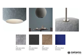 Hangende bolpendel en plafondlamp in lichtgrijs vilt met witte binnenkant, met kleurmaterialen: lichtgrijs, donkergrijs, beig