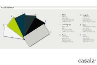 Kleurenkaart plastics met zes kleuropties: wit, citroengeel, petrol, grafiet, zwart en zand met bijbehorende RAL-, RGB- en CM