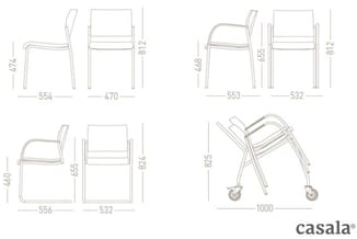 Casala stoelen technische tekeningen met afmetingen. Vier stijlen getoond: twee zonder armleuningen, twee met armleuningen, p