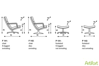 Technische tekeningen van vier Artifort-meubelstukken: twee draaibare stoelen (F141 5-poot, F142 disc) en twee vaste voetstuk