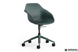 Groene bureaustoel met ergonomische schaalzitting, zwarte gasveer en vijfpotige wielvoet op wielen, draaibaar.