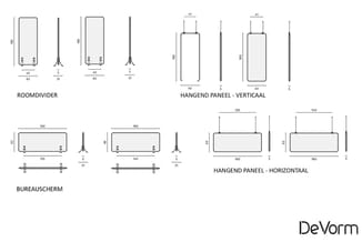 DeVorm productoverzicht: roomdivider, hangend paneel verticaal en horizontaal, bureaucherm. Technische tekeningen met afmetin