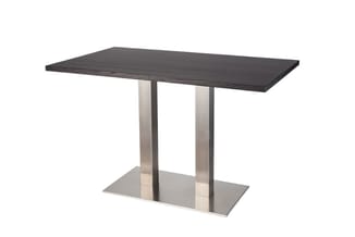 Moderne vergadertafel met zwart blad en twee zilvergrijze stalen ondersteuningskolommen op rechthoekig voetje.