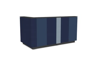 Balie met gestreepte stofbekleding in marineblauw en grijs, donker onderstel, aanzicht vanaf schuin voren.