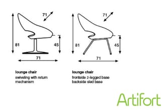 Twee loungestoelen met afmetingen (b71 x d45 x h81 cm): links draaimodel met terugklapmechanisme, rechts tweebenig onderstel