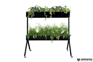 Zwart verticaal tuinmeubel met twee niveaus voor kruiden en groenten, op wieltjes, gevuld met verschillende planten.