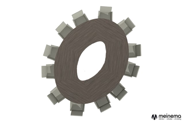 Gear vormige wandpanelen in grijs textielstof met centrale opening, gerangschikt in cirkelpatroon.