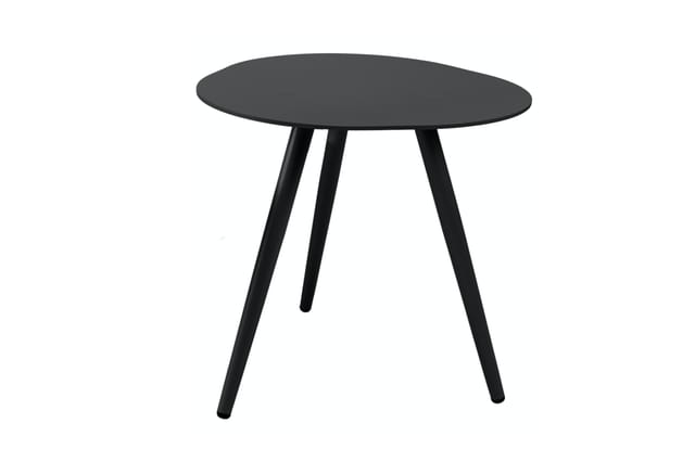 Zwarte ronde tafel met drie zwarte poten, modern minimalistisch design, zijprofiel weergegeven.
