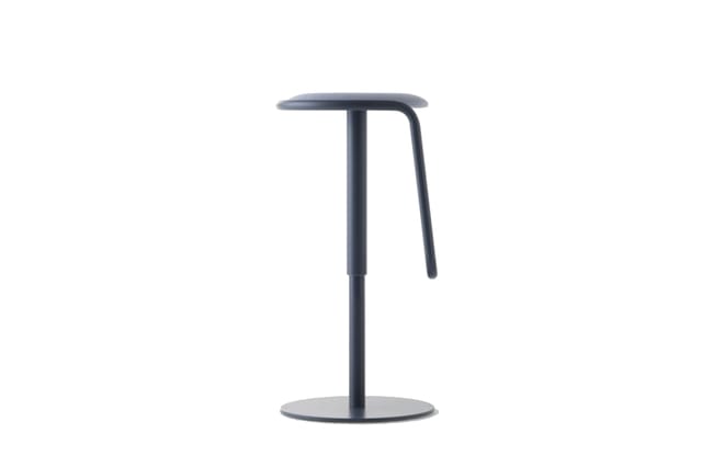 Zwarte staande bartafel met rond blad en centrale voet, minimalistisch design.