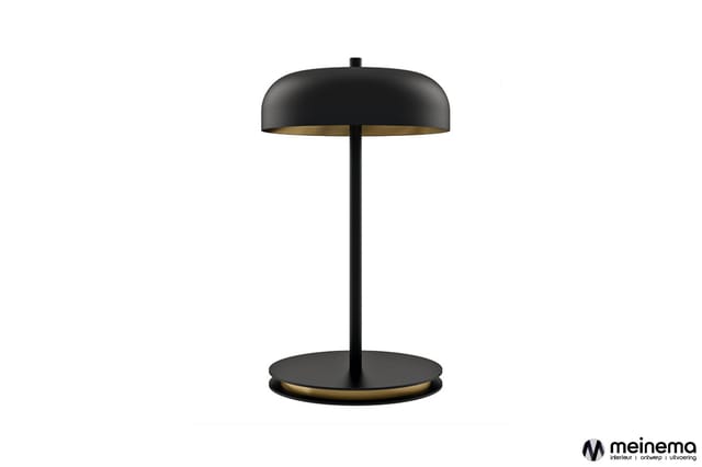 Zwarte tafellampen met goudkleurig accent, ronde voet en koepelvormige kap, minimalistisch design.