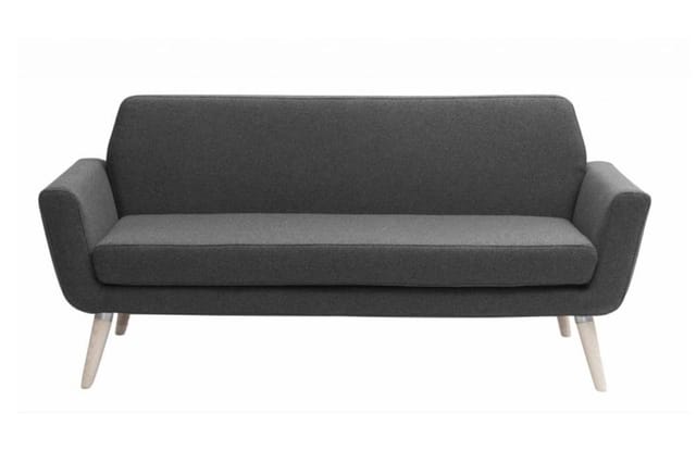 Grijze loungebank met houten poten, afgeronde armleuningen en minimalistisch design, frontaal gefotografeerd.