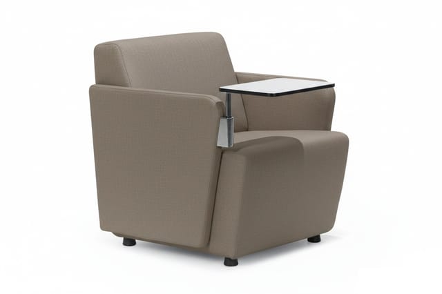 Grijsbeige fauteuil met armleuning en wit-zwart bijzettafeltje, zwarte poten, modern design.