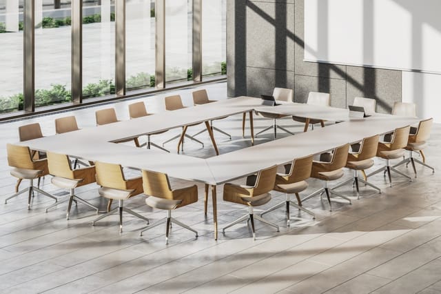 Moderne vergadertafel in U-vorm met witte blad en houten poten, omgeven door bruine design stoelen met houten rug in lichte k