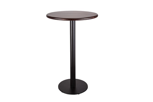 Ronde staande tafel met donkerbruin houten blad en zwart metalen zuil op rond voetje.