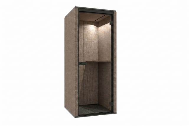 Bruine akoestische belcel met zwart frame, geglazuurde voorkant, interne plank en ingebouwde verlichting.
