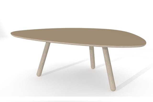 Ovale vergadertafel met grijs blad en drie houten poten in lichte houtkleur.