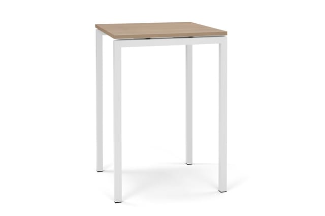 Staande bartafel met wit metalen frame en natuurkleurig houten tafelblad, rechthoekige vorm, minimalistisch design.