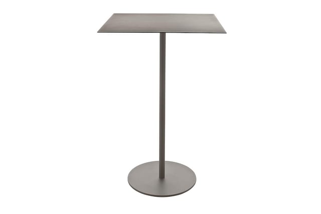 Staande bartafel met grijs metalen blad en centrale zuil, ronde voetplaat, minimalistische vorm.