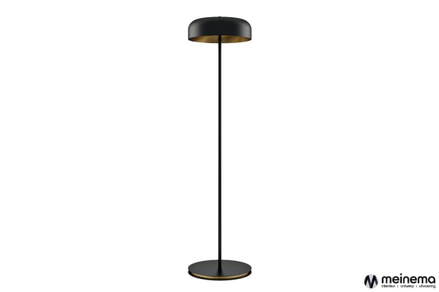 Zwarte staande lamp met messingkleurige binnenkant, ronde voet en slanke stalen paal tegen witte achtergrond.