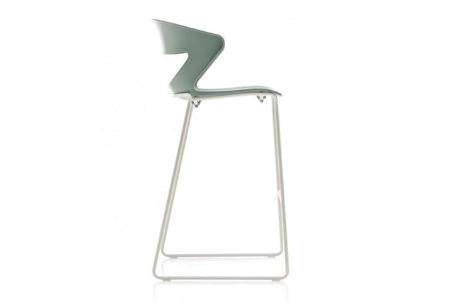 Groene barkruk met ergonomische Z-vormige rugleuning en wit metalen frame op voetsteun.