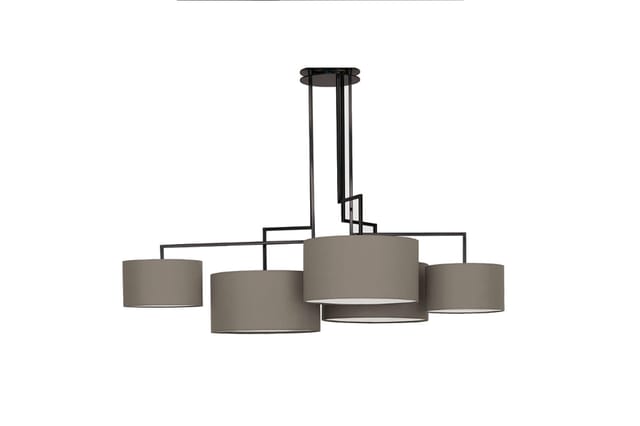 Hanglamp met zwart metalen frame en vijf taupe/grijze cilindervormige stoffenkappen, verschillende hoogtes, centraal opgehang