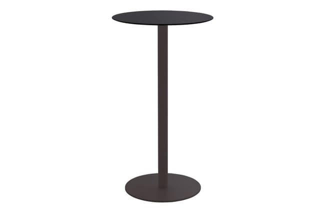 Zwarte staande bijzettafel met rond tafelblad en centrale voet op ronde voetplaat.