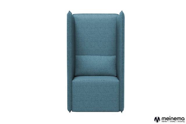 Blauwe akoestische belcel met hoge zijwanden, gestoffeerd in melange stof, frontaanzicht.