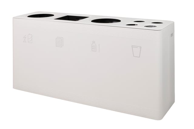Witte afvalscheiding container met vijf compartimenten en pictogrammen voor verschillende afvalsoorten.