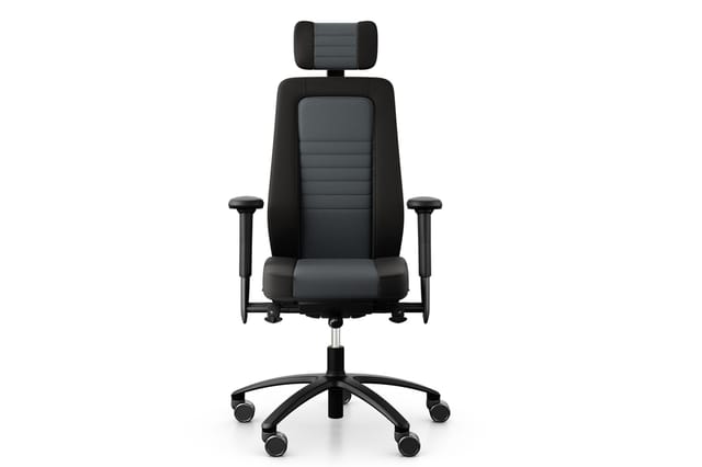 Ergonomische bureaustoel met zwart en donkergrijs mesh/stofbekleding, verstelbare armleuningen, zwarte wielbasis en afneembar