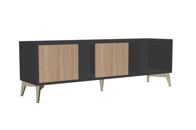 Zwart TV-meubel met houten deuren, open vakken en houten poten, frontaal weergegeven.