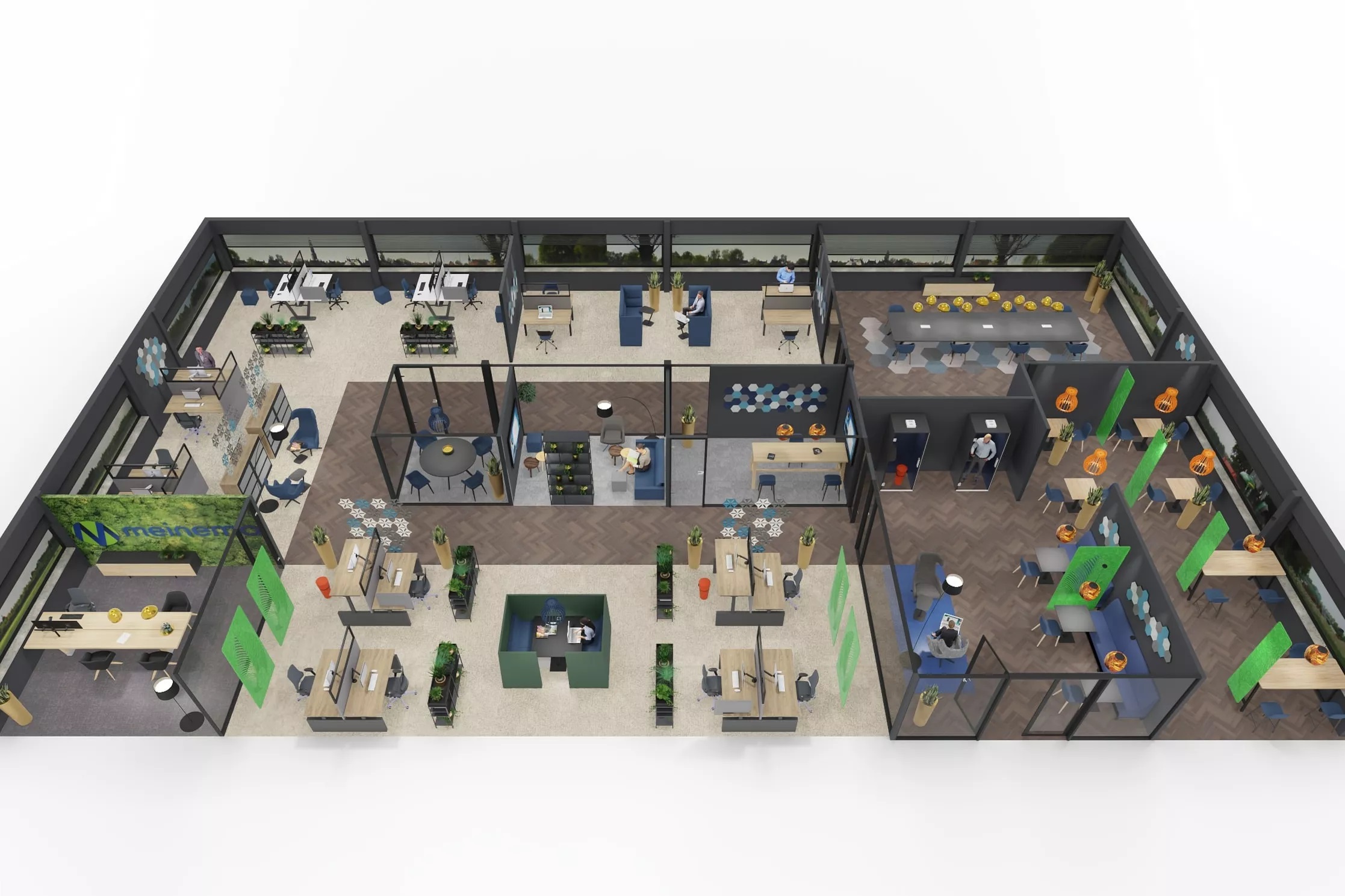 3D-plattegrond kantoorruimte met open werkplek, vergadertafels, lounge-zithoeken met blauwe en groene accenten, belcellen en