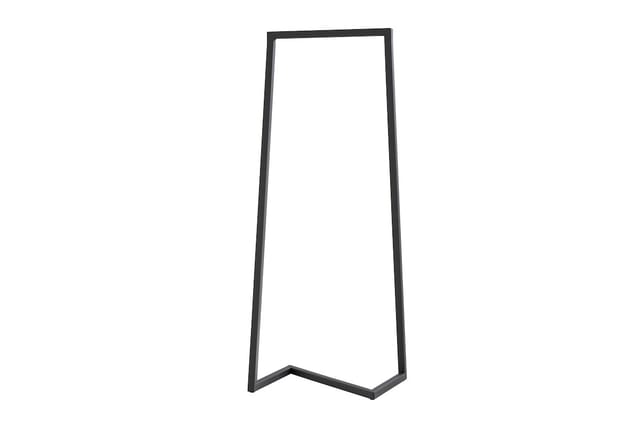 Zwart metalen frame in A-vorm, trapeziumvormig, leeg binnen, staand onderdeel of display-standaard.