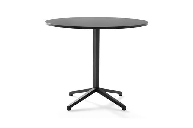 Zwarte ronde bistrotafel met centrale voet en stervormig onderstel op witte achtergrond.