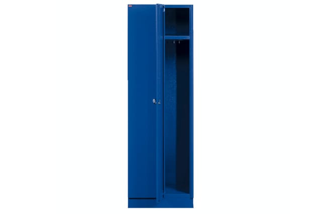 Blauwe archiefkast met twee deuren, verticaal georiënteerd, voorzien van een klein bovenkastje met glazen deuren.