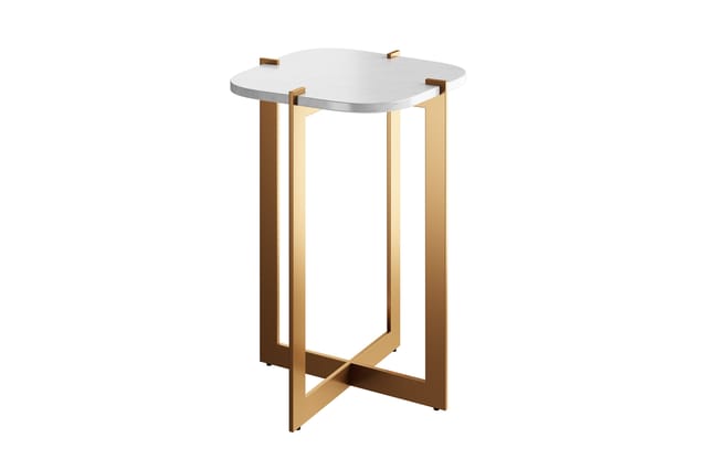 Staande bijzettafel met wit blad en houten kruispoten in natuurtint, op witte achtergrond.