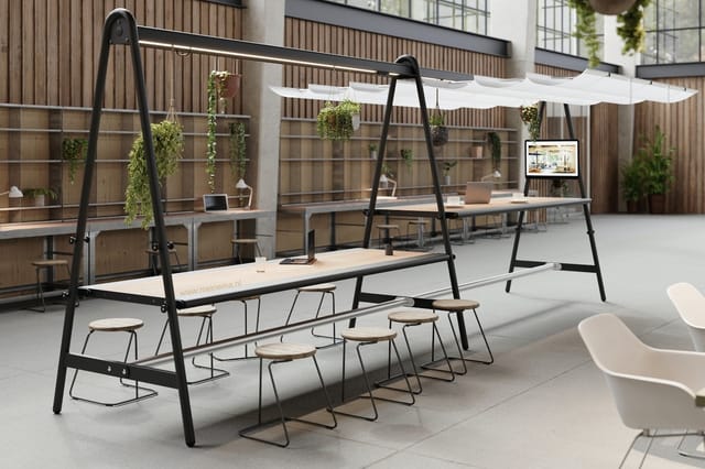 Extremis Amai multifunctionele statafel voor buiten met zwart frame, geïntegreerde LED-verlichting en zonnescherm, ideaal als modulaire vergaderplek