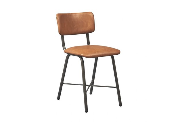 Barkruk met bruin lederen zitting en rugleuning, zwart metalen frame, voetsteun.