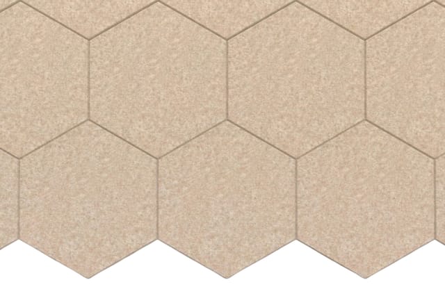 Beige hexagonale tegels in 3D-patroon, geschikt voor vloeren in kantoorruimten.