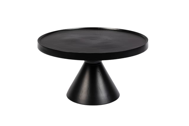 Zwarte ronde tafel op conische voet, minimalistisch design, geïsoleerd tegen witte achtergrond.