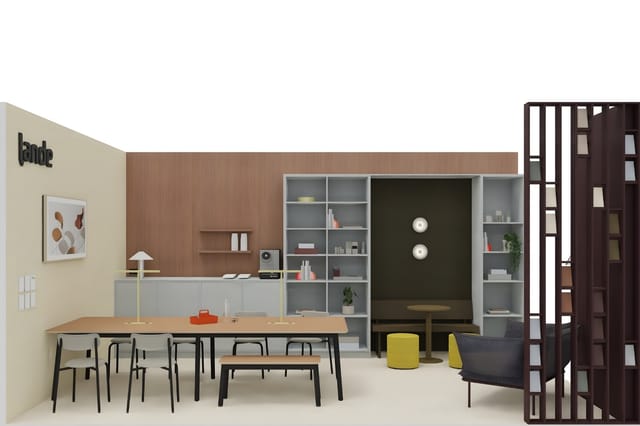 Modern kantoor met houten vergadertafel, grijze kasten, donkergroene akoestische wand, gele poefs en donker houten scheidings
