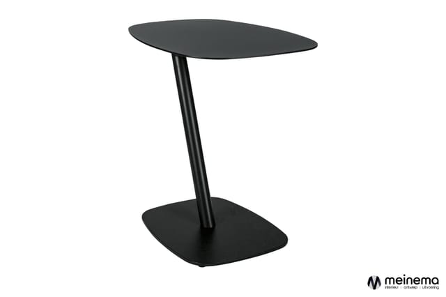 Zwarte bijzettafel met ovaal blad en vierkante voet, minimalistische design met centrale metalen paal.