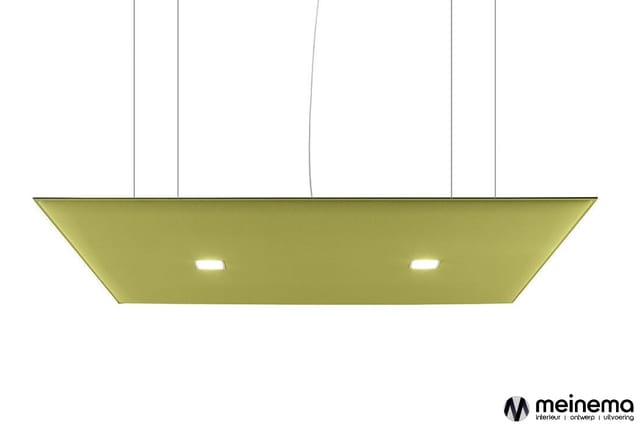 Groene hangende akoestiekpaneel met ingebouwde LED-verlichting en ophanging aan kabels.