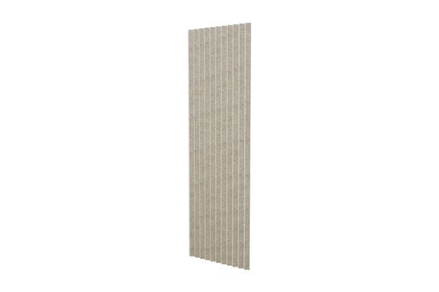 Verticale akoestische panelen in beige/grijs met geribde structuur, staand tegen witte achtergrond.