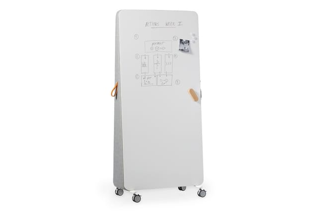 Mobiel whiteboard op wieltjes met grijze zijkanten, wit schrijfvlak met schets en foto, houten handvaten, tekst "ACTIONS WEEK