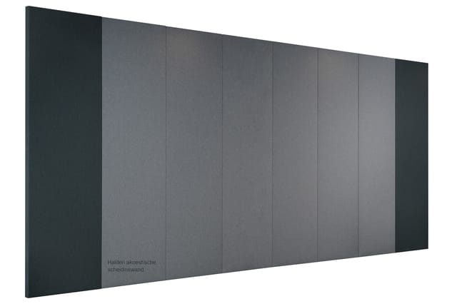 Modulaire akoestische scheidingswand in grijs met donkergrijze zijpanelen, opgesteld als ruimteverdeler.