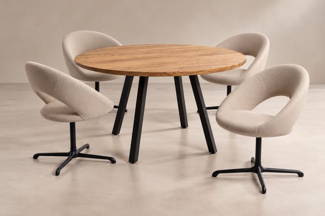 Ronde Halden Verde vergadertafel met houten blad en zwart onderstel, met vier beige gestoffeerde stoelen.