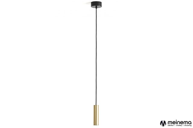 Hangende pendellamp met messing cilindervormige kap en zwart ophangbeugel op dunne kabel.