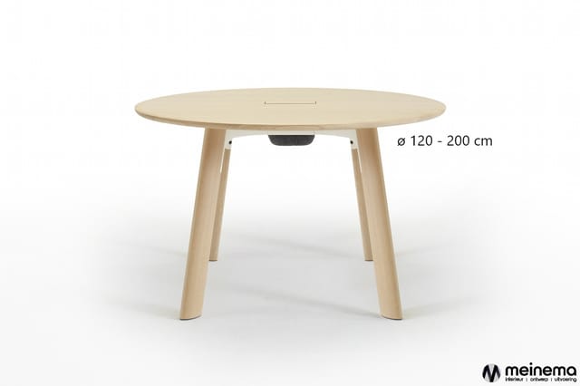 Ronde houten vergadertafel in naturel, ø 120-200 cm, met vier ronde poten en kabelgat in het blad.