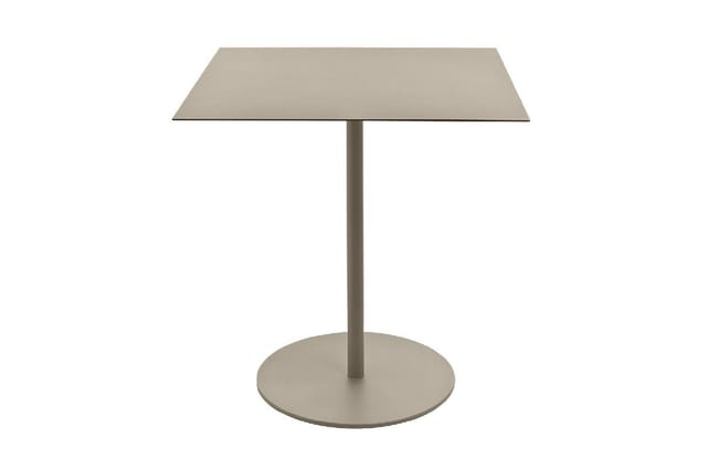 Vierkante tafel met trapeziumvormig blad op centraal metalen voet met ronde basis, grijs/beige kleur.